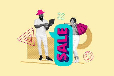 Creative artwork template 3D collage of young man stand hold laptop young lady smartphone display order customer shoppingの写真素材