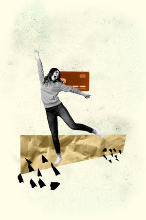 3d image pop vertical collage of happy businessman businesswoman stand credit cardの写真素材