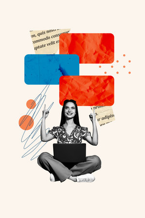 Template collage design artwork 3D sketch of young lady sit down hold laptop finger point up communication message conversation feedbackの写真素材