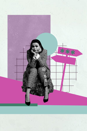 Vertical poster pop 3d collage of girl guy enjoy summer vacation relax weekend journey trip tourist resort adventureの写真素材