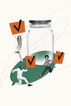 Banner pop artwork 3d photo collage of happy business partners carry checkmark symbol approval project development success dealの写真素材