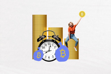 Poster photo collage of goal business target analyzing success young woman smile sit pile coin rich...