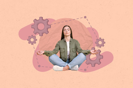 Poster pop collage of person stand meditate on pastel background with gear cogの写真素材