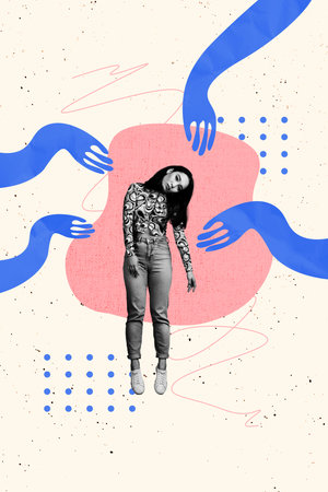 Trend artwork poster composite sketch image collage of young woman hang pose hand illustration catchの写真素材