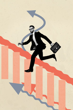 3d pop image vertical art collage of happy businesswoman businessman stand chart progress statistics arrow development goalの写真素材