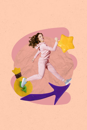 Creative abstract collage of person stand run arrows up with money bag star on pastel backgroundの写真素材