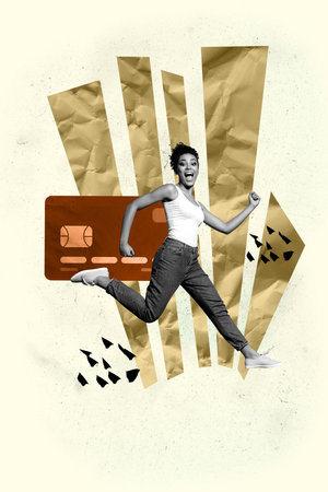 Banner 3d image pop vertical collage of happy businessman businesswoman stand credit card deposit ebank capital transactionの写真素材