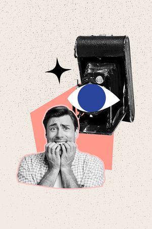 Sketch art image poster 3d banner collage of puzzled frightened man bite fingers eyeball camera photo polaroid shootingの写真素材