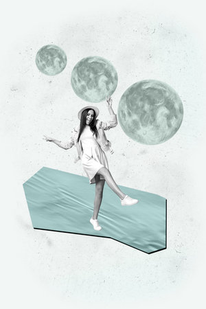 Zine 3d poster art collage of happy girl guy stand space galaxy moon planet cosmos discovery outer-space painting astronomyの写真素材