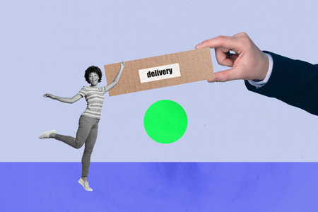 Full 3d zine pop trend image collage of happy girl guy stand delivery service shipment box hand...