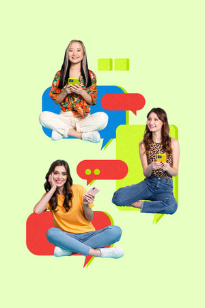 Sketch art image poster 3d banner collage of happy girls hold phone type message distance networking friends chatterbox discussionの写真素材