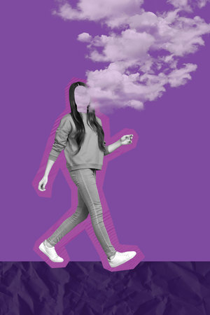 Banner 3d sketch image collage of anonym girl instead head emptiness faceless depression mood cloud exhaustion problem conceptの写真素材