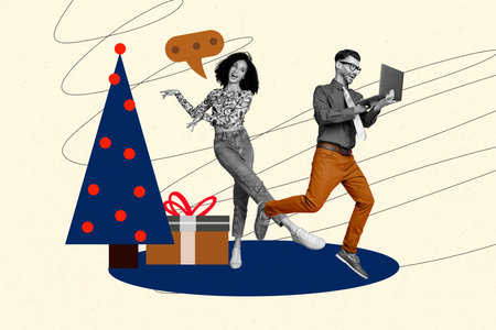 Trendy 3d full image photo collage of two happy girl dance guy hold laptop new year tree celebration holiday present surpriseの写真素材