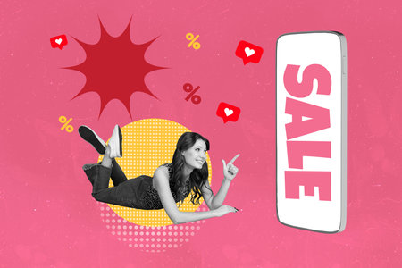 Banner zine sketch artwork collage of happy girl lay big phone screen sale blogging like reaction percent black friday promoの写真素材