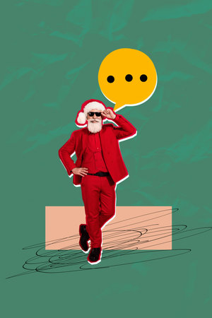 3d banner exclusive cartoon photo collage of happy old man santa claus stand bubble chat speech merry christmas invitationの写真素材