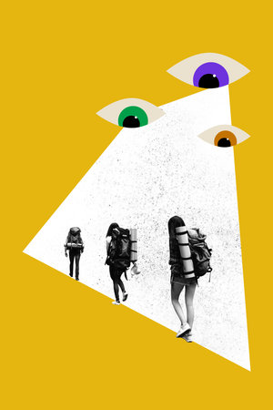 Trend banner artwork 3d photo collage of anonym girls guys exhibition tour eyeball stare lost way...