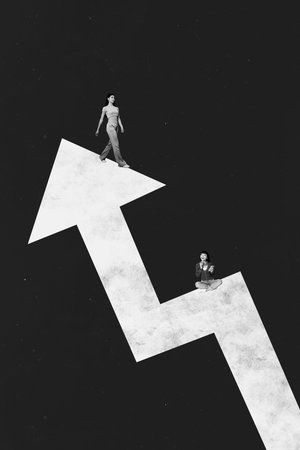 Vertical art image poster 3d banner collage of two happy girls business partners sit arrow development career promotion cooperationの写真素材