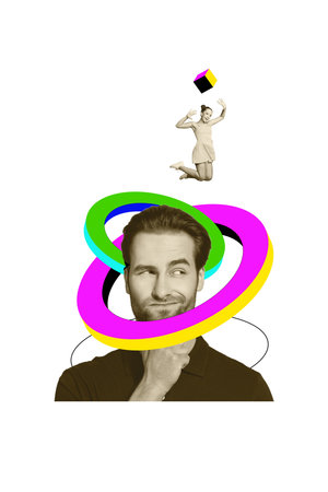 Creative design composite artwork collage of young man portrait head circle figure mind think woman happy smile jump cube objectの写真素材