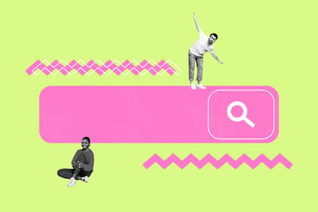 3d full poster banner collage of happy businessman businesswoman stand magnifier webpage tab search vacancy employment candidateの写真素材