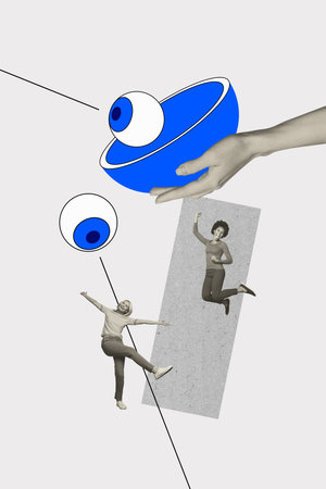 3D collage artwork composite sketch poster of hand hold bowl eye remote vision security control watch two woman friends jumpの写真素材