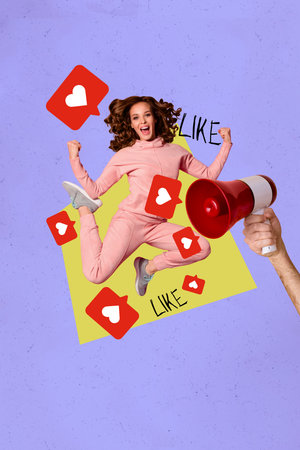 Collage of crazy jumping influencer like icon with heart symbolizing internet popularity social media trendsの写真素材