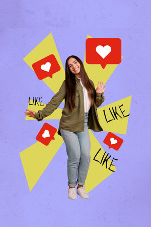 Collage of happy influencer like icon with heart symbolizing internet popularity social media trendsの写真素材