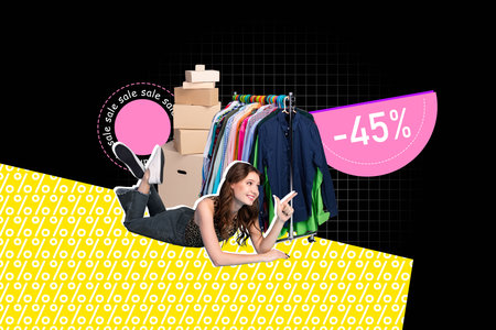 Image 3d full pop trend collage of happy girl lay clothes hanger wardrobe box delivery shipment sale black friday percentの写真素材