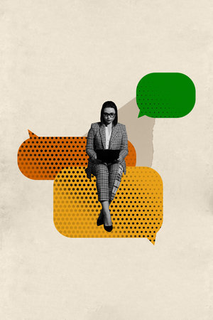 Vertical trendy photo banner image collage of happy girl sit bubble communication icon cloud conversation networking chatの写真素材