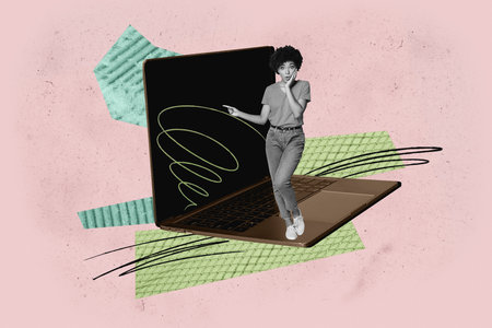 Image full trendy 3d collage poster of happy businesswoman stand laptop keypad video call coding software programmingの写真素材