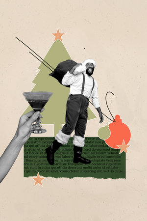 Trendy 3d sketch image collage of happy american santa claus guy carry present bag hand hold toast martini cocktail celebrationの写真素材