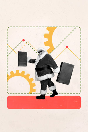 Trendy banner 3d poster image photo collage of happy old man santa claus carry suitcase winter travel vacation merry christmasの写真素材