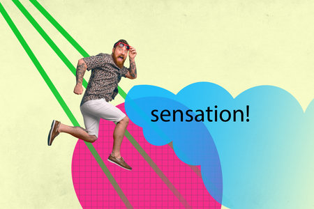 Composite trend artwork sketch photo collage of young guy girl proclaim loudspeaker breaking news sensation word demonstrationの写真素材