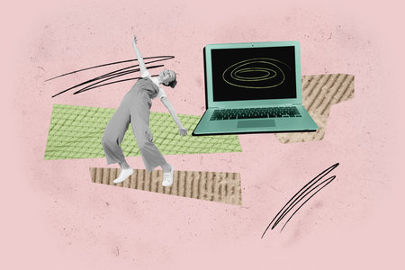 Image full trendy 3d collage poster of happy businesswoman stand laptop keypad video call coding software programmingの写真素材