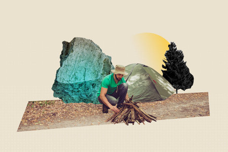 Full 3d image photo collage of happy guy hiker lit fire campground tent summer recreation wanderlust wild life expeditionの写真素材