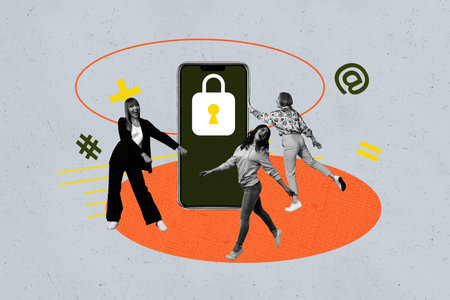 Pop image sketch 3d collage poster of happy girl guy stand cellphone lock protection key access decodingの写真素材