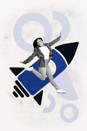 3d sketch poster trend collage of happy businesswoman businessman stand rocket flight project startup chart development establishの写真素材