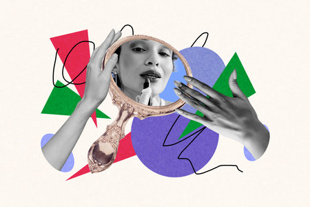 Artwork sketch banner full 3d collage of happy girl draw plump lips makeover beauty salon therapy glass hands maquillageの写真素材