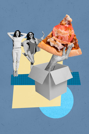 Vertical 3d art pop image collage of happy girl guy stand pizza box delivery service italian cafe order hand junk food nutritionの写真素材