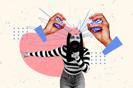 3D collage design trend artwork sketch of young woman stand talk hand hold attention megaphone announce speech paper ballの写真素材