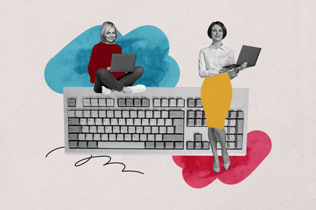 Full 3d art pop image collage of happy businesswomen partners stand wireless keypad hold laptop freelancer programmer managerの写真素材