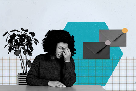 Trendy art creative full zine photo collage of happy girl guy sit indoor office type message laptop communicationの写真素材