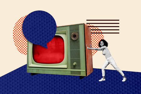 Creative poster banner 3d collage photo of puzzled girl push television box bubble cinema film