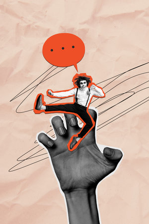 Exclusive image art pop trend collage of happy muertos man jump human hand bubble sticker halloween autumn holidayの写真素材