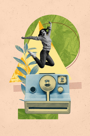 Banner art creative trend collage of happy girl guy stand photo-zone photo camera shooting retro device paparazzi cadre captureの写真素材