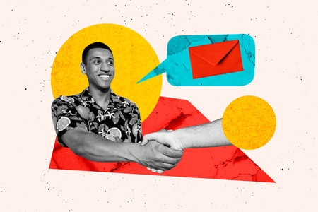 Composite 3D photo collage design trend sketch of young man smile hand hold together gesture deal coopertion letter message sticker bubbleの写真素材