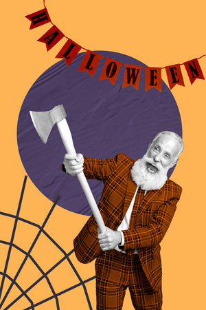 Vertical trendy art image collage of angry old man hold axe cut net spider halloween occasion spooky eventの写真素材