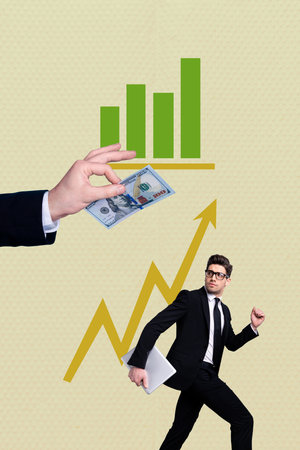 Composite image montage collage of salary earnings budget currency market young man confident walk...