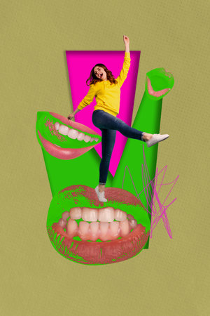 Collage of woman jumping among exaggerated mouths symbolizing gossip rumors loud opinions emotional...
