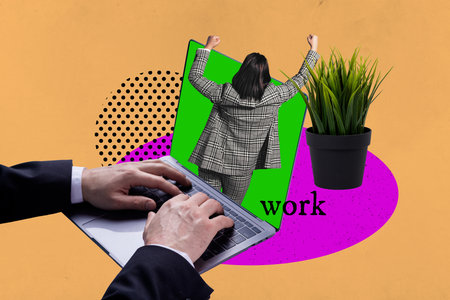 Zine banner full photo collage of happy girl guy peek laptop hands type keypad office flower pot supplies freelancer occupationの写真素材