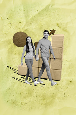 Zine banner trendy collage of happy businessman businesswoman stand arrow progress dollar currency profit development aimの写真素材